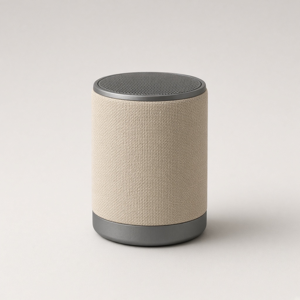 A small cylindrical fabric speaker in a sand tone