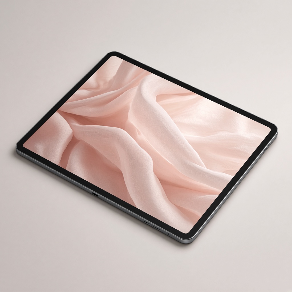 A slim tablet showing a soft abstract image on its screen