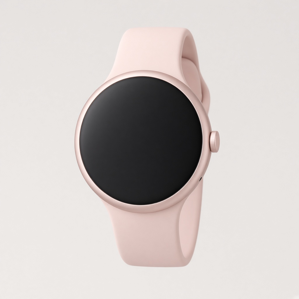 A round smartwatch with a blush strap and a dark face
